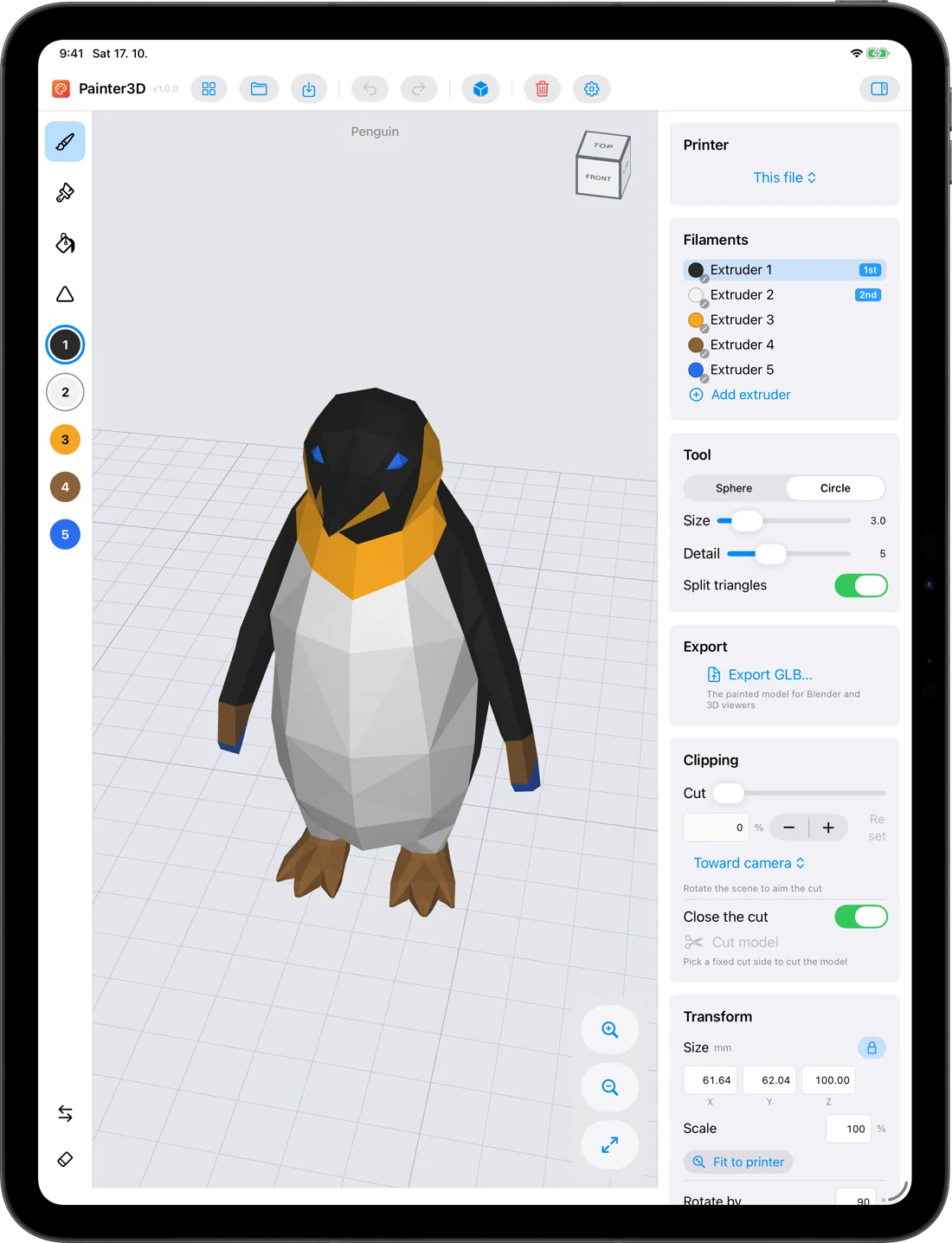 Painter3D on iPad with Penny the Penguin open, painted in five filaments